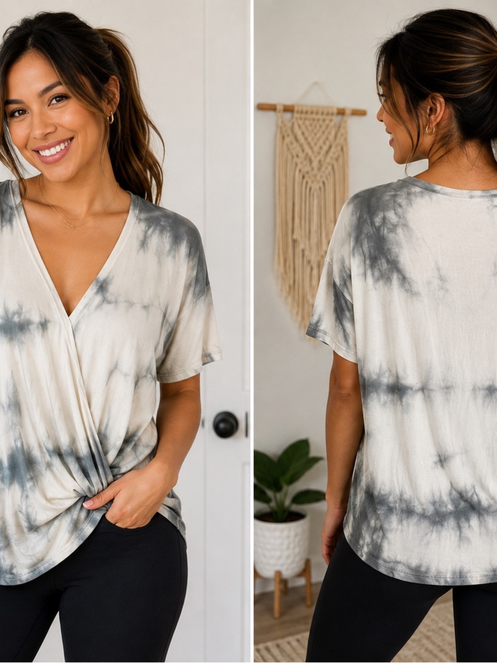 American Eagle Outfitters Gray & Cream Tie-Dye V-Neck Twist Top